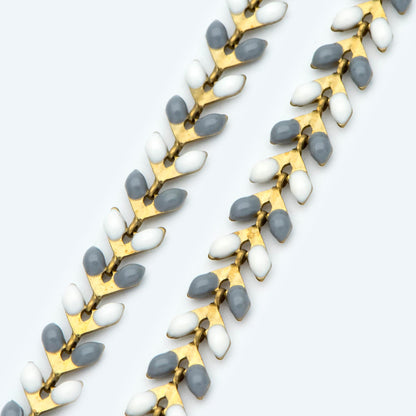 Enamel Brass Chevron Chain 6mm, Flat Herringbone Designer Chain, White Grey Mix Color (#LK-046-6)/ 1 Meter=3.3ft