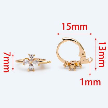 4pcs CZ Pave Clover Leverback Ear Hooks, 18K Gold plated Brass, Earring Component Hooks (GB-1601)