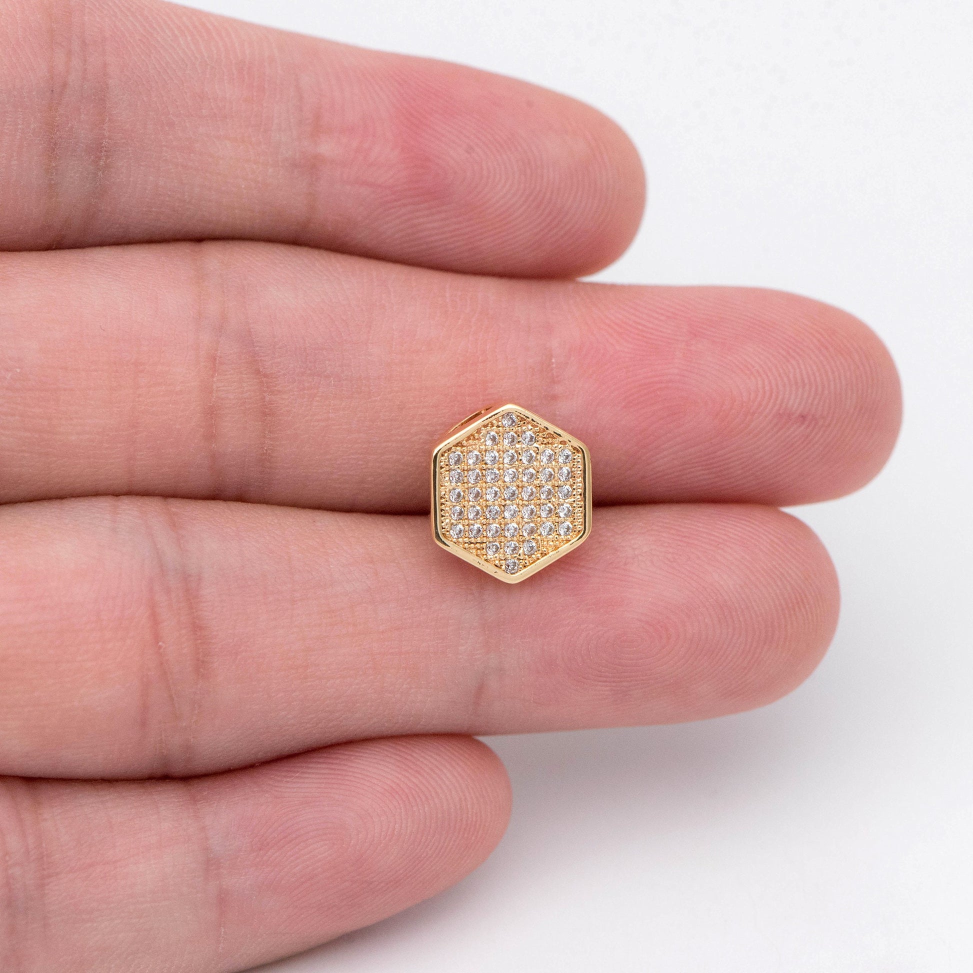 10pcs CZ Pave Hexagon Charm, 18K real Gold plated Brass Pendants (GB-1602)