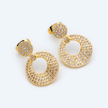 2pcs CZ Pave Round Ear Post, Circle Earring, 18K Gold plated Brass, Jewelry Supply (#GB-1609)
