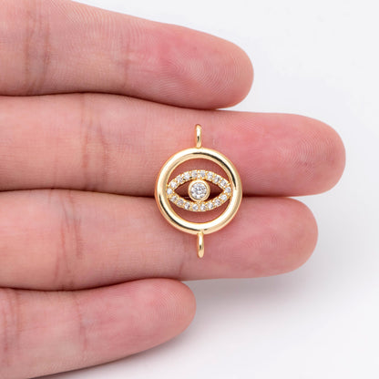 10pcs Micro Pave CZ Evil Eye Connector 23x15mm, 18K Gold plated Brass Eye Charms, Cubic Zirconia Pave Eye Pendants (GB-1999-C)