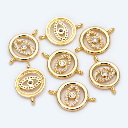 10pcs Micro Pave CZ Evil Eye Connector 23x15mm, 18K Gold plated Brass Eye Charms, Cubic Zirconia Pave Eye Pendants (GB-1999-C)