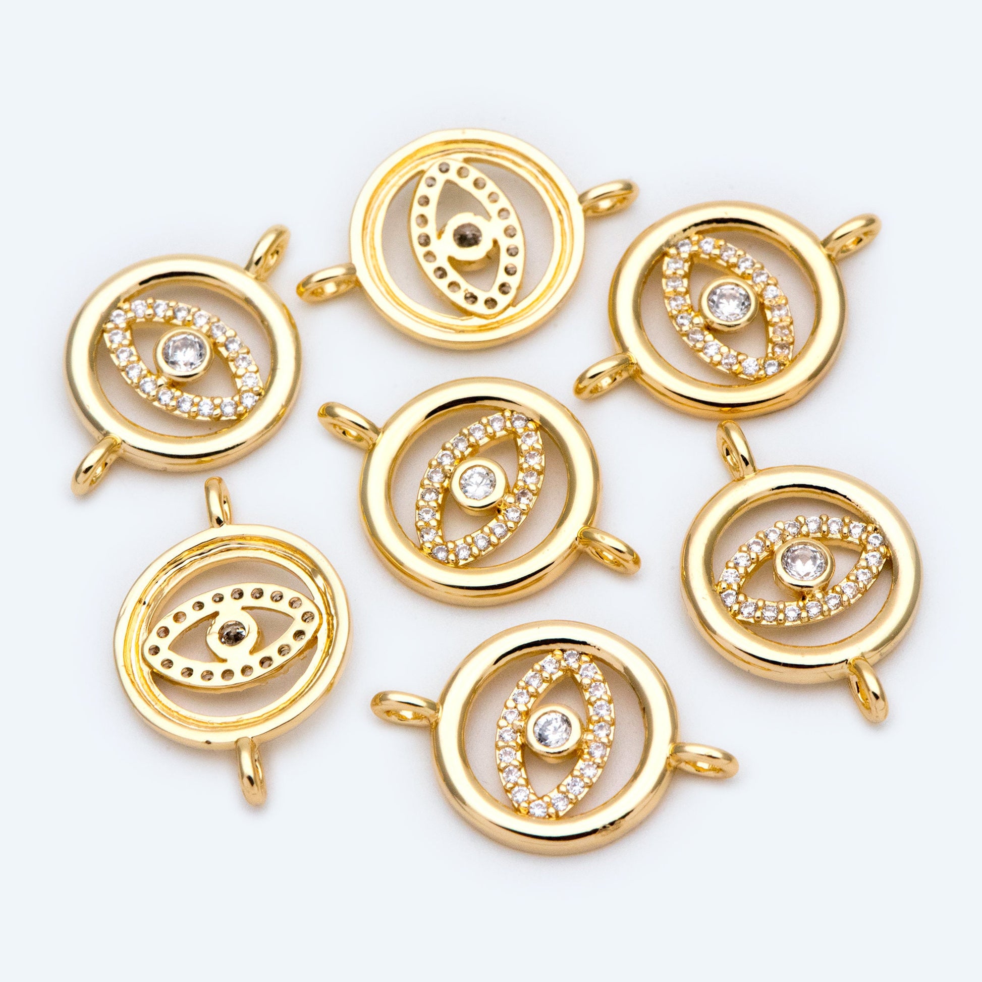 10pcs Micro Pave CZ Evil Eye Connector 23x15mm, 18K Gold plated Brass Eye Charms, Cubic Zirconia Pave Eye Pendants (GB-1999-C)