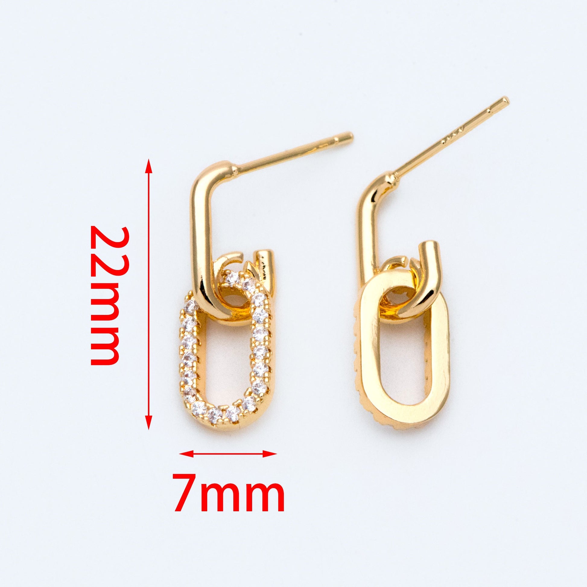 4pcs CZ Pave Oval Ear Posts 22x7mm, 18k Gold Plated Brass, Quality Stud Earring (#GB-1614)