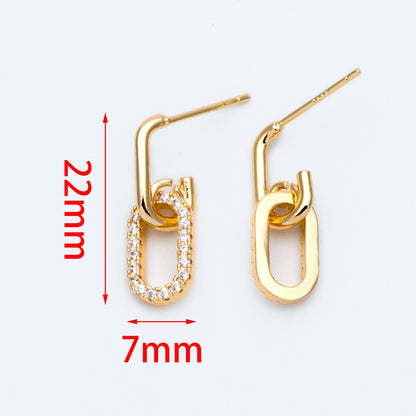 4pcs CZ Pave Oval Ear Posts 22x7mm, 18k Gold Plated Brass, Quality Stud Earring (#GB-1614)