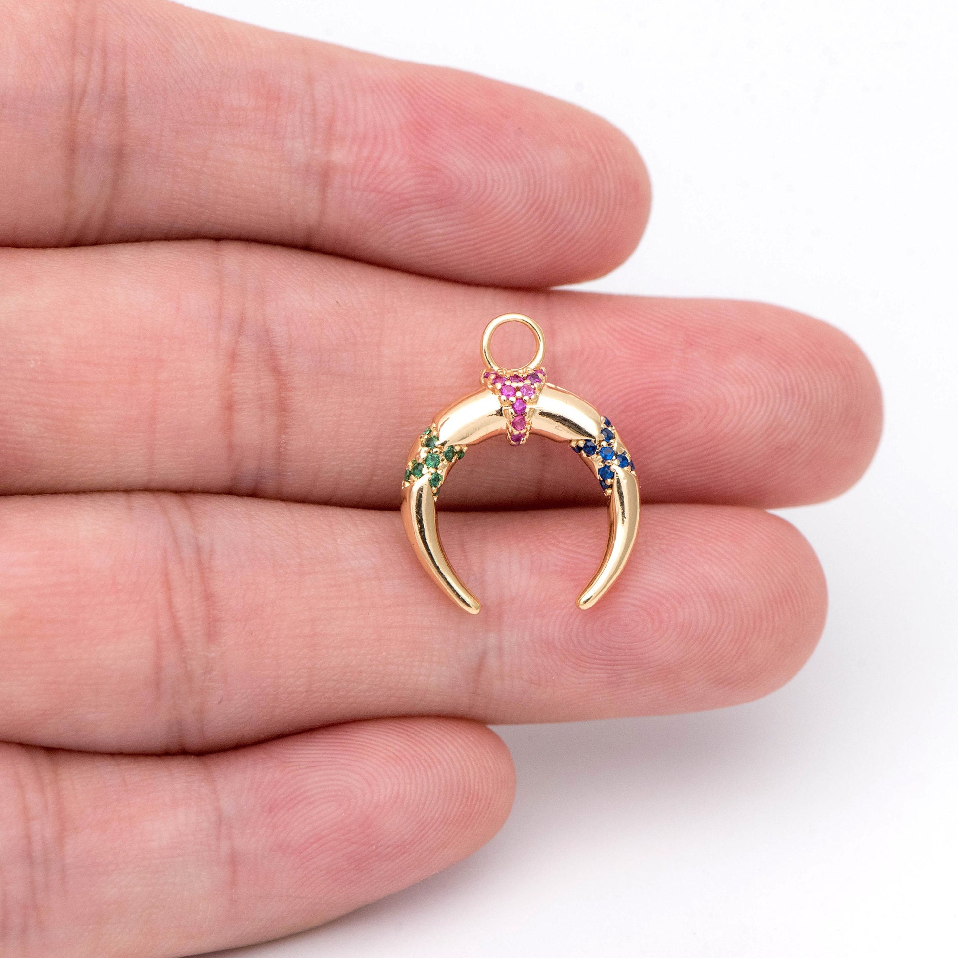 4pcs Colourful CZ pave Gold Crescent Moon Charm 16x20mm, 18K Gold plated Brass, OX Horn Pendant (GB-2394-C2)