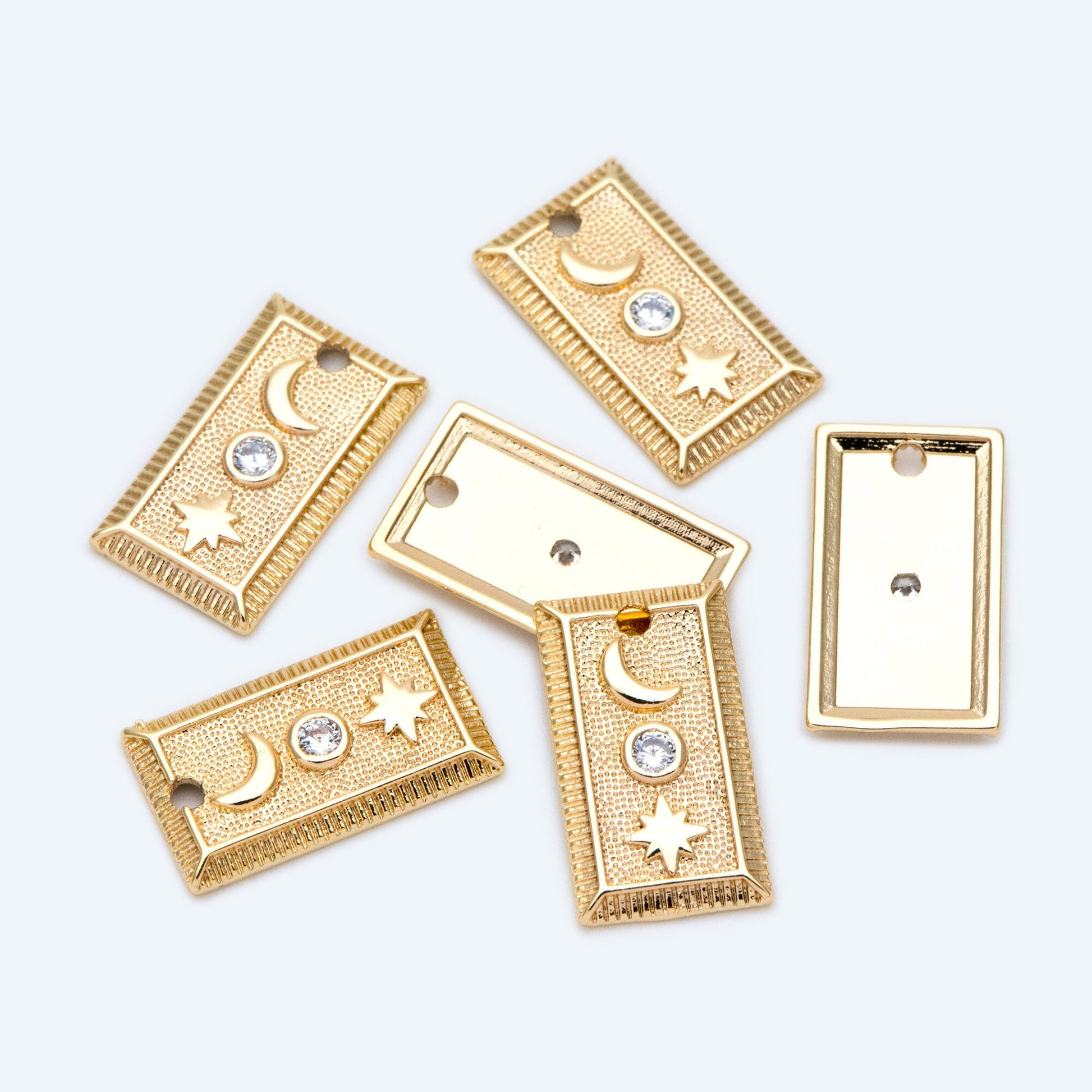 4pcs CZ Pave Gold / Silver Tone Rectangle Moon North Star Charm 18x10mm, 18K Gold plated Brass (GB-2394-B)
