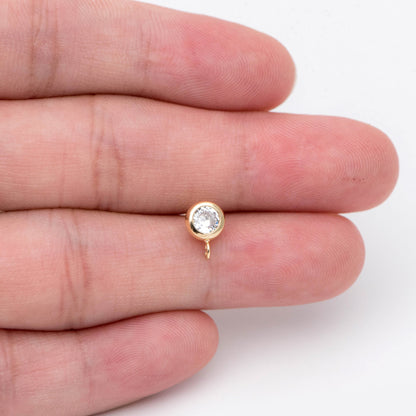 10pcs CZ Pave Gold/ Silver Tone Round Stud Earring with Loop, Gold/ Rhodium Plated Brass Stud Earrings (#GB-1622)