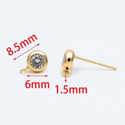 10pcs CZ Pave Gold/ Silver Tone Round Stud Earring with Loop, Gold/ Rhodium Plated Brass Stud Earrings (#GB-1622)
