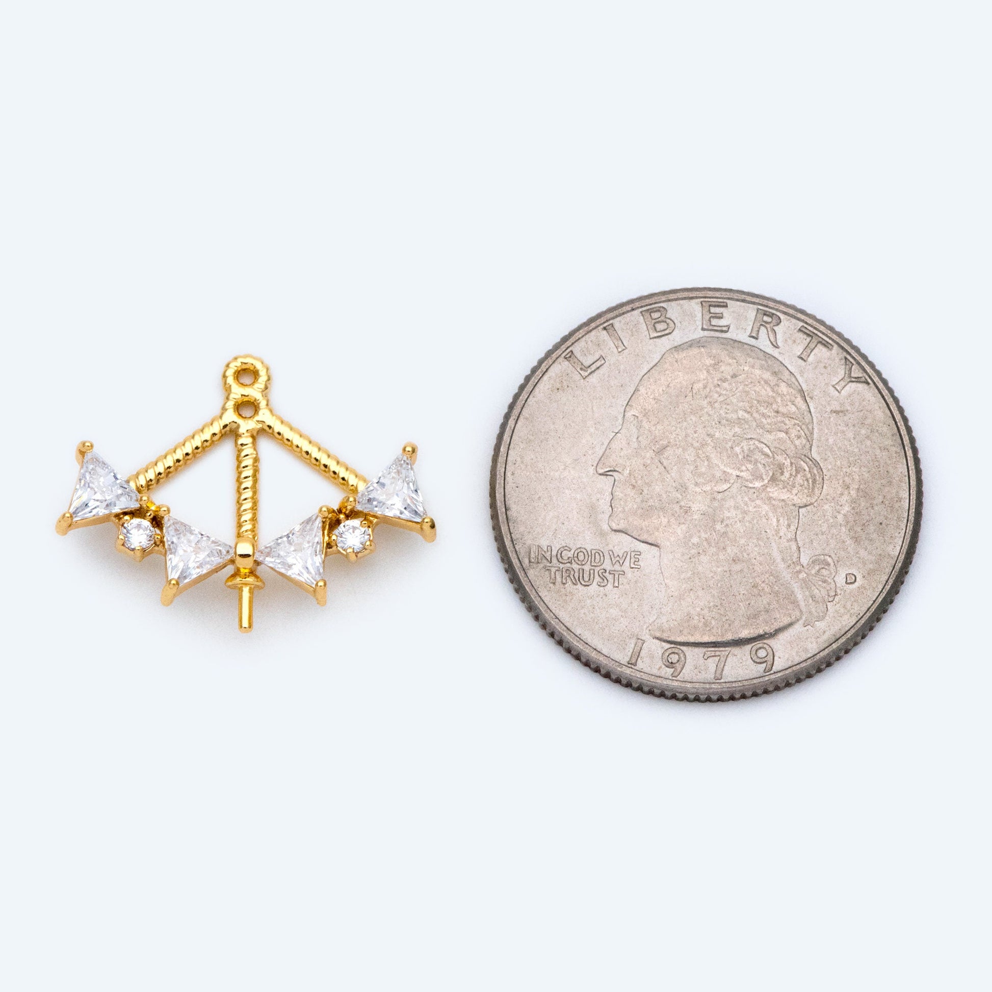 4pcs Gold Triangle Charm with Half Drilled Pearl Peg, Real Gold plated Brass Pendant, Jewelry Supply (GB-1625)