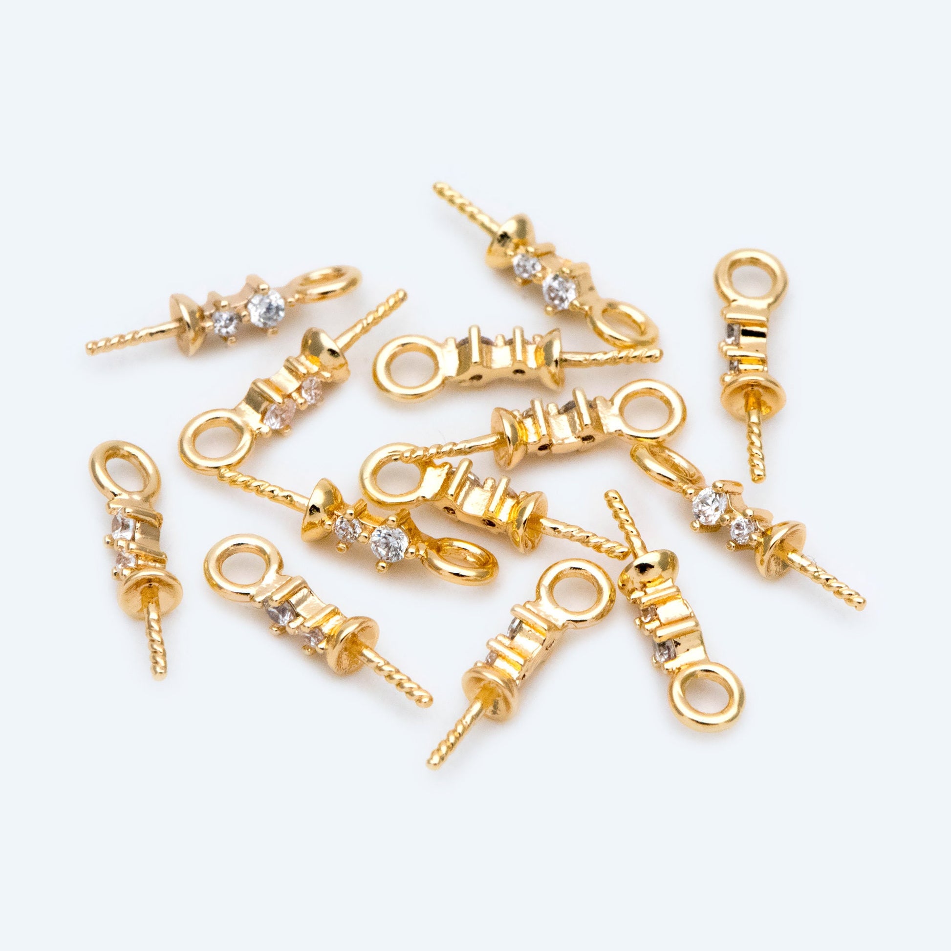 10pcs CZ Pave Gold Pearl Setting, DIY Charm Drop Bail, Peg Pearl Findings (GB-1628)