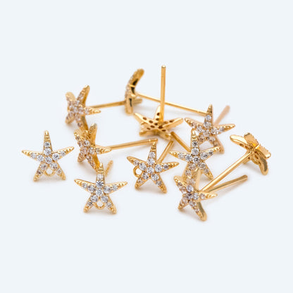 10pcs CZ Pave Starfish Earring with Loop, Real Gold Plated Brass Star Stud Earrings (#GB-1633)