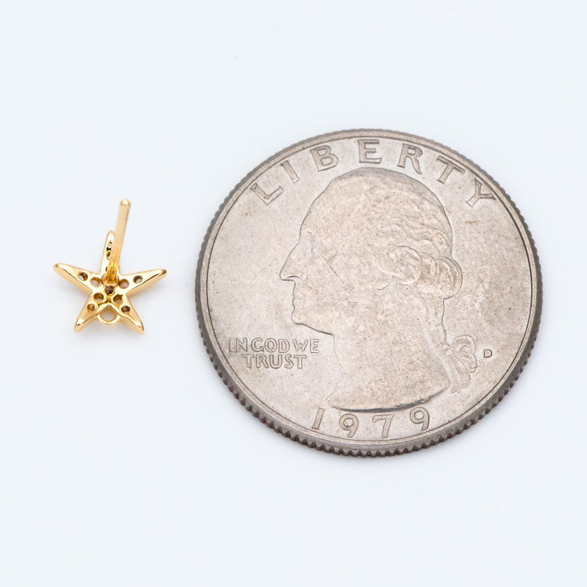 10pcs CZ Pave Starfish Earring with Loop, Real Gold Plated Brass Star Stud Earrings (#GB-1633)
