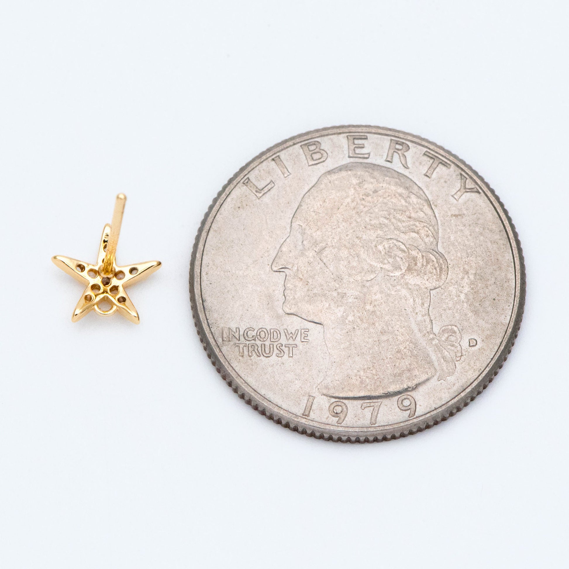 10pcs CZ Pave Starfish Earring with Loop, Real Gold Plated Brass Star Stud Earrings (#GB-1633)