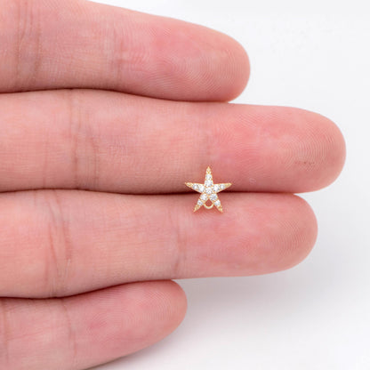 10pcs CZ Pave Starfish Earring with Loop, Real Gold Plated Brass Star Stud Earrings (#GB-1633)