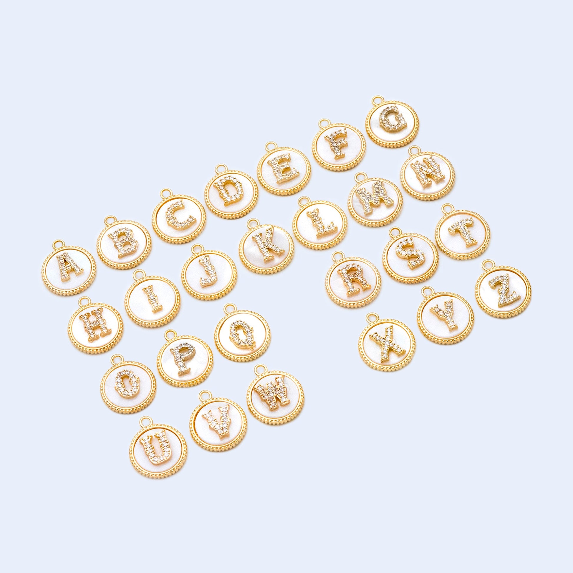 Gold Alphabet Charms, CZ Pave English Letter, Shell Disc Coin Initial Pendants, You Choose Letter (GB-1635)