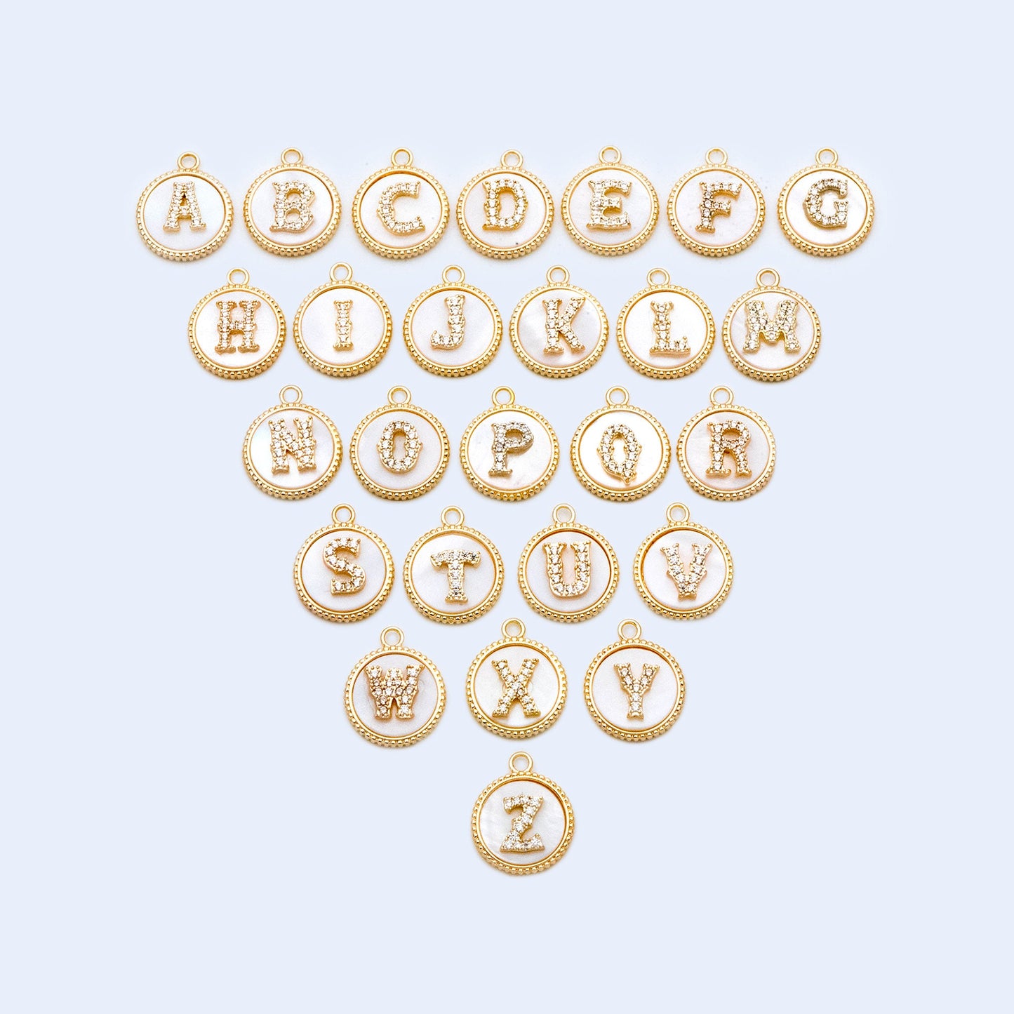 Gold Alphabet Charms, CZ Pave English Letter, Shell Disc Coin Initial Pendants, You Choose Letter (GB-1635)