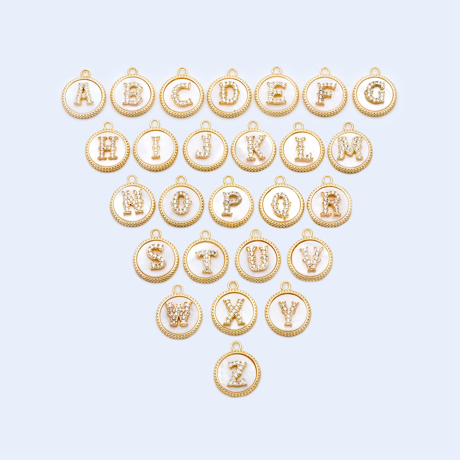 Gold Alphabet Charms, CZ Pave English Letter, Shell Disc Coin Initial Pendants, You Choose Letter (GB-1635)