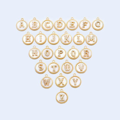 Gold Alphabet Charms, CZ Pave English Letter, Shell Disc Coin Initial Pendants, You Choose Letter (GB-1635)