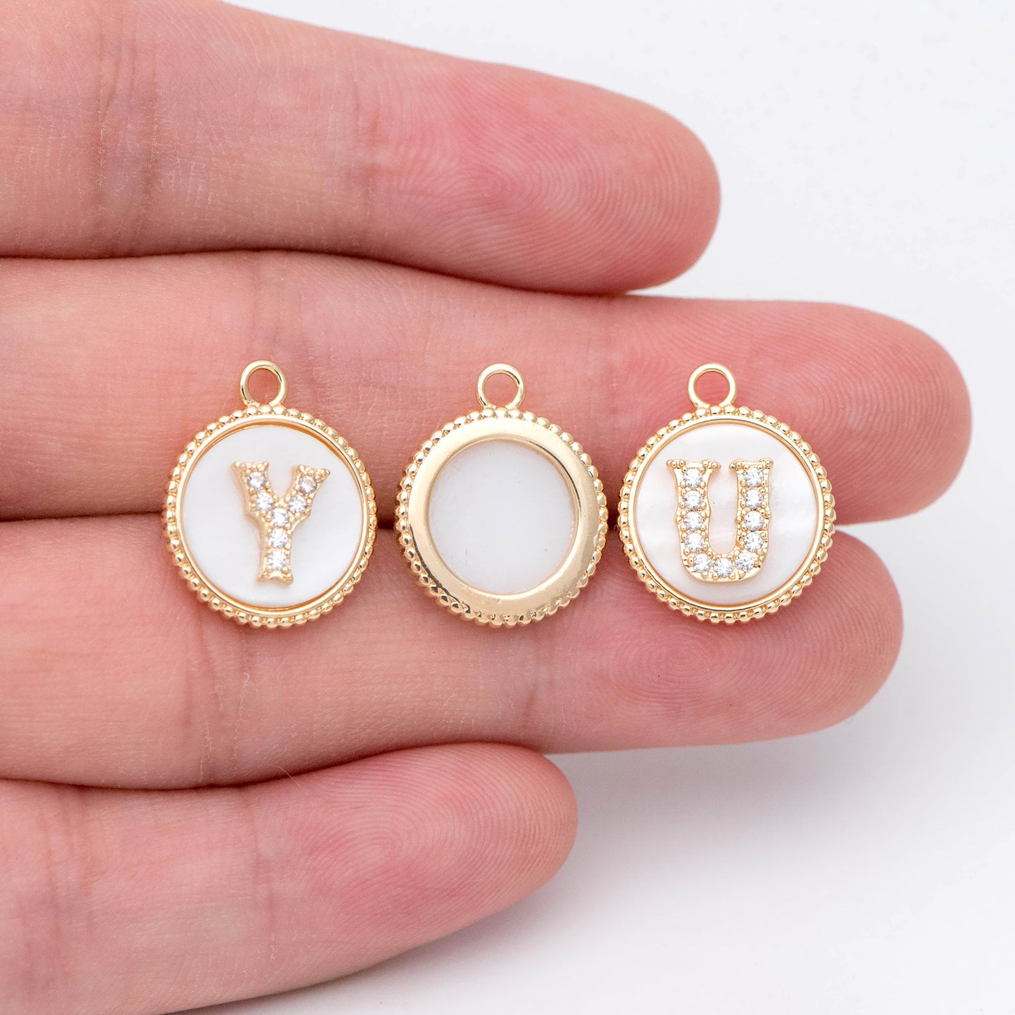 Gold Alphabet Charms, CZ Pave English Letter, Shell Disc Coin Initial Pendants, You Choose Letter (GB-1635)
