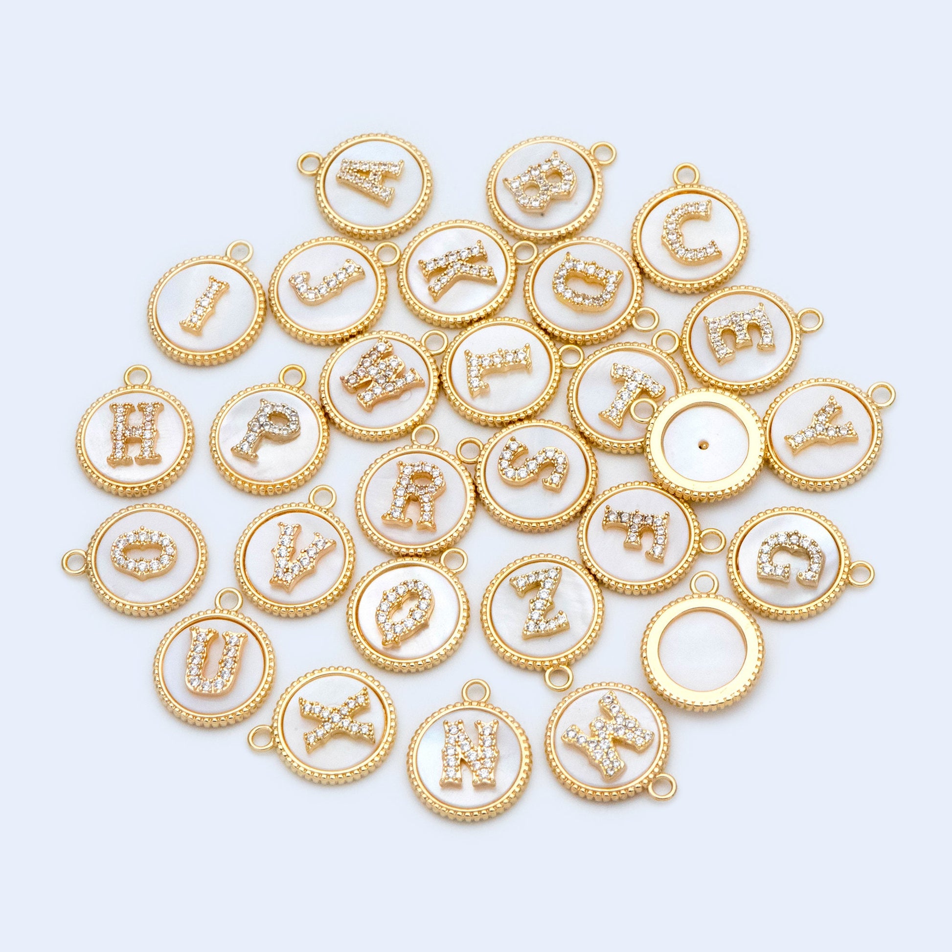 Gold Alphabet Charms, CZ Pave English Letter, Shell Disc Coin Initial Pendants, You Choose Letter (GB-1635)