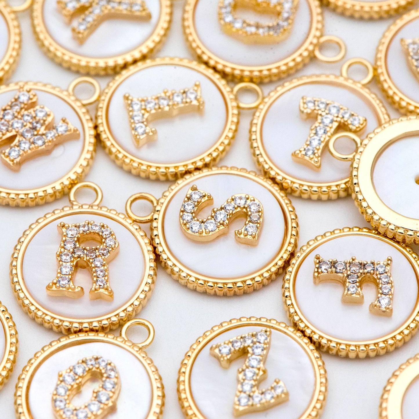 Gold Alphabet Charms, CZ Pave English Letter, Shell Disc Coin Initial Pendants, You Choose Letter (GB-1635)