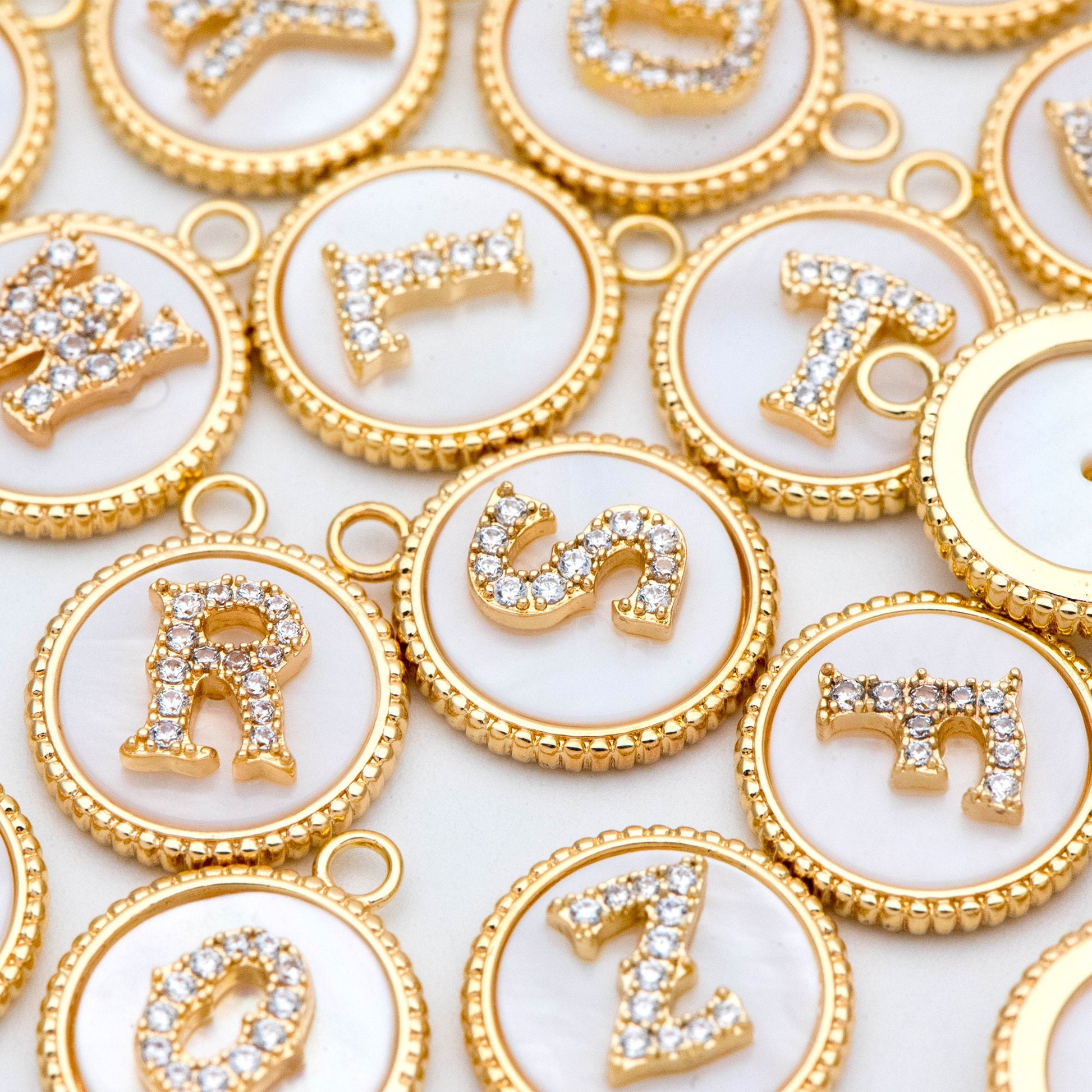 Gold Alphabet Charms, CZ Pave English Letter, Shell Disc Coin Initial Pendants, You Choose Letter (GB-1635)