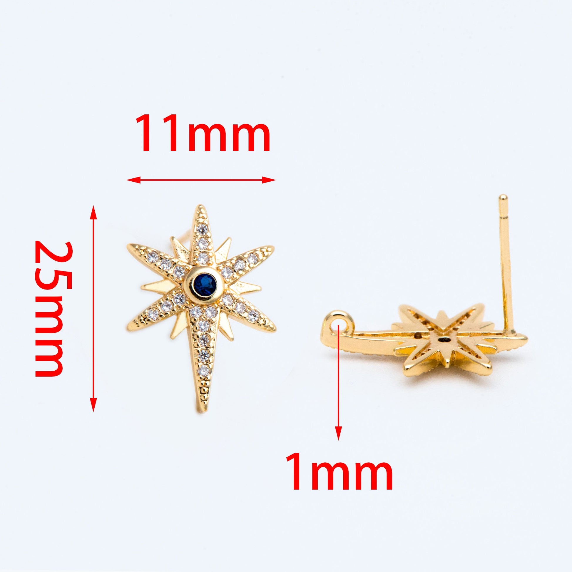 4pcs CZ Pave North Star Ear Posts with Loops,25x11mm, Real Gold Plated Brass Star Stud Earrings (#GB-1687)
