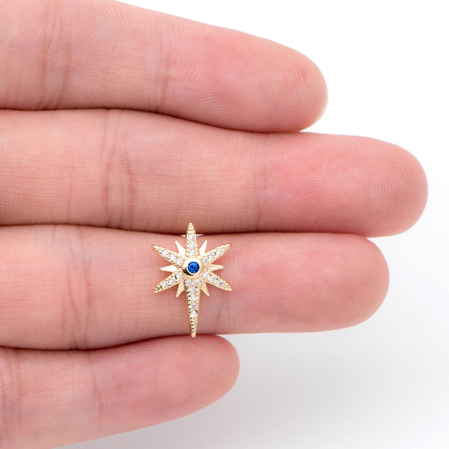 4pcs CZ Pave North Star Ear Posts with Loops,25x11mm, Real Gold Plated Brass Star Stud Earrings (#GB-1687)