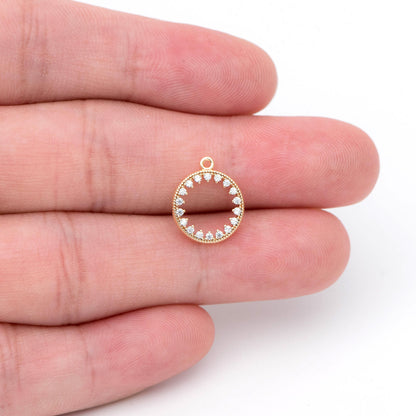 4pcs CZ pave Gold/ Silver Ring Charm 11x13mm, 18K Gold/ Rhodium plated Brass, Rhinestone Round Loop Circle Charm (GB-1641)