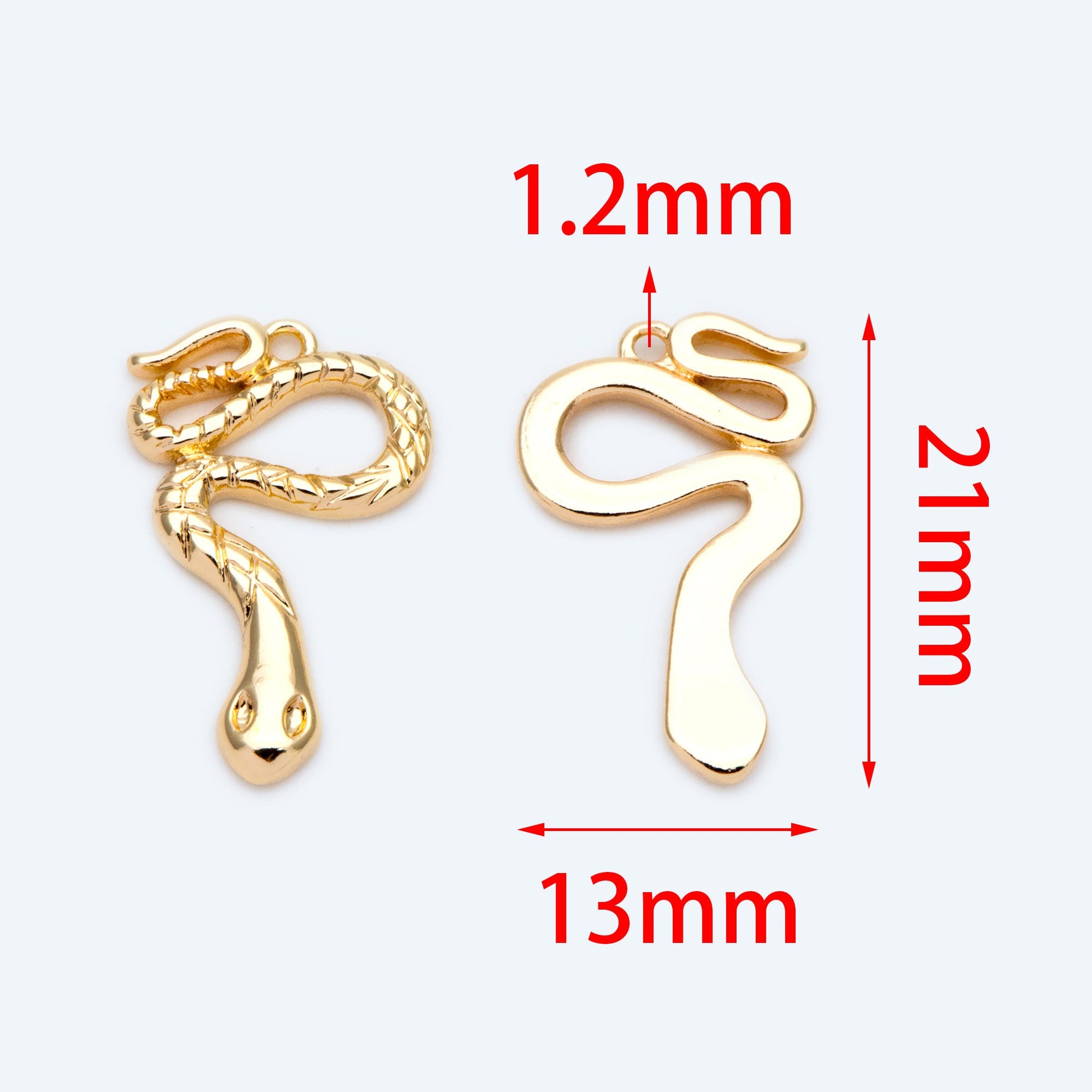 4pcs Gold Snake Charm 21x13mm, Snake Necklace, Snake Jewelry Snake Pendant, 18K Gold Plated Brass (GB-2756-E)