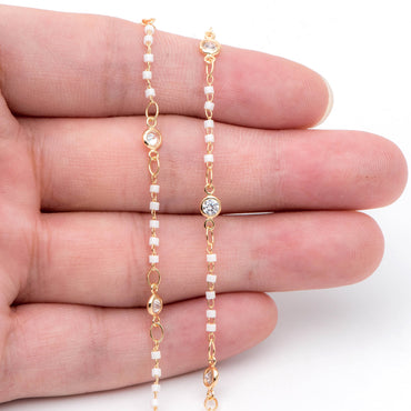 Miyuki Seed Bead Chain, Dainty Gold Beaded Chains, 4mm Round Coin CZ Links, White (#LK-437-2)/ 1 Meter=3.3 ft