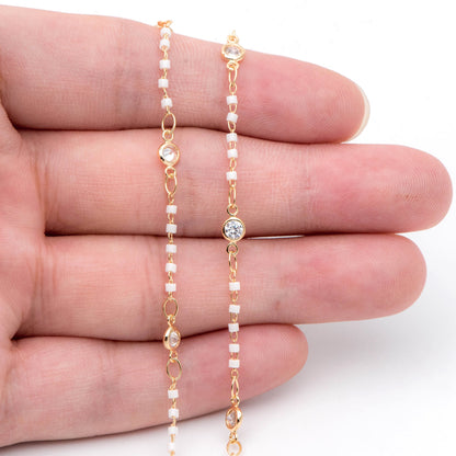 Miyuki Seed Bead Chain, Dainty Gold Beaded Chains, 4mm Round Coin CZ Links, White (#LK-437-2)/ 1 Meter=3.3 ft
