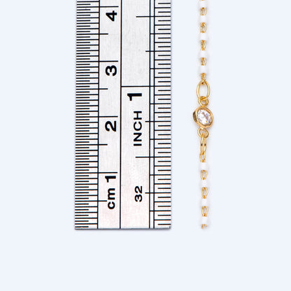 Miyuki Seed Bead Chain, Dainty Gold Beaded Chains, 4mm Round Coin CZ Links, White (#LK-437-2)/ 1 Meter=3.3 ft