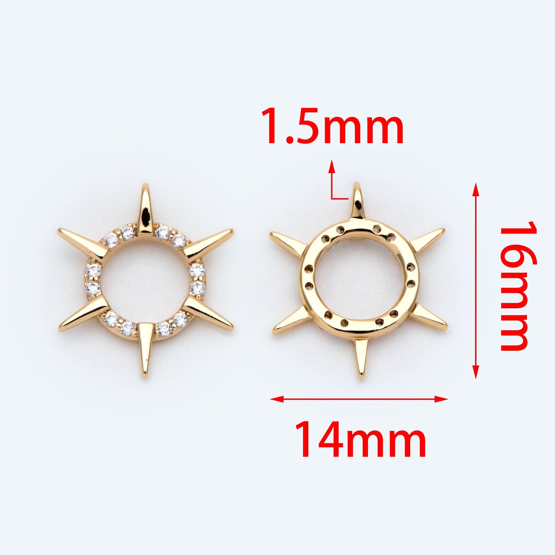 4pcs Gold CZ Spike Circle Charm 16x14mm, Real Gold plated Brass, Jewelry Supply (GB-1311-D)