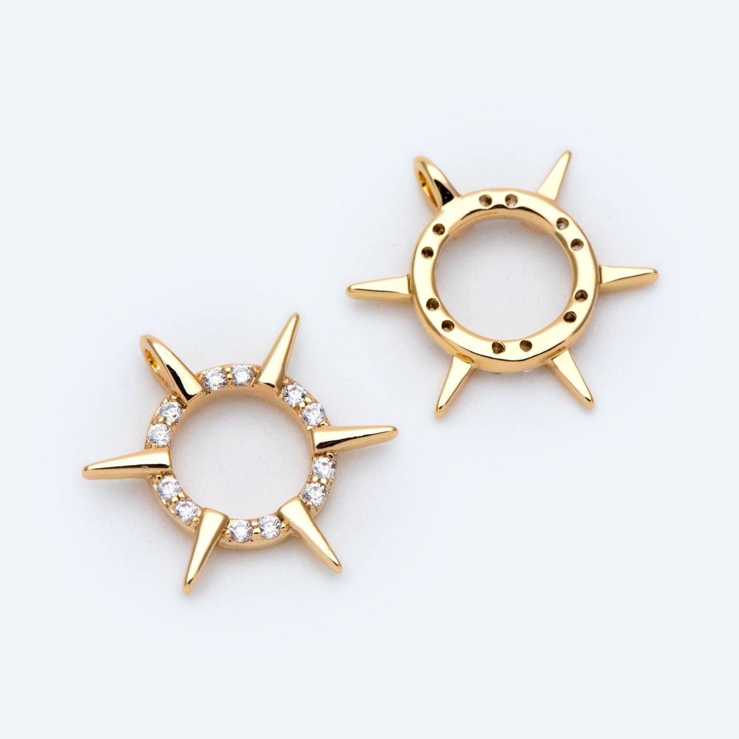 4pcs Gold CZ Spike Circle Charm 16x14mm, Real Gold plated Brass, Jewelry Supply (GB-1311-D)