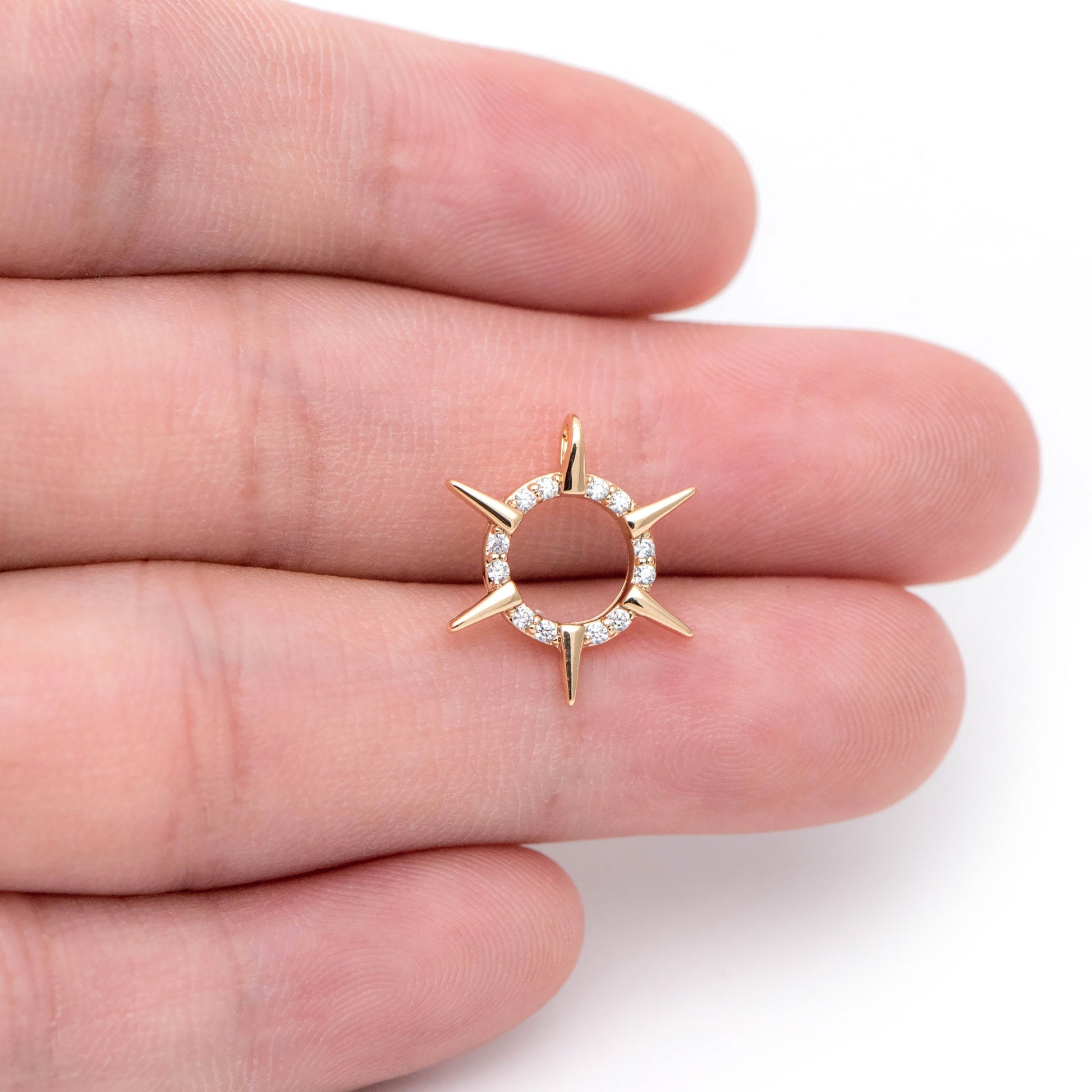 4pcs Gold CZ Spike Circle Charm 16x14mm, Real Gold plated Brass, Jewelry Supply (GB-1311-D)