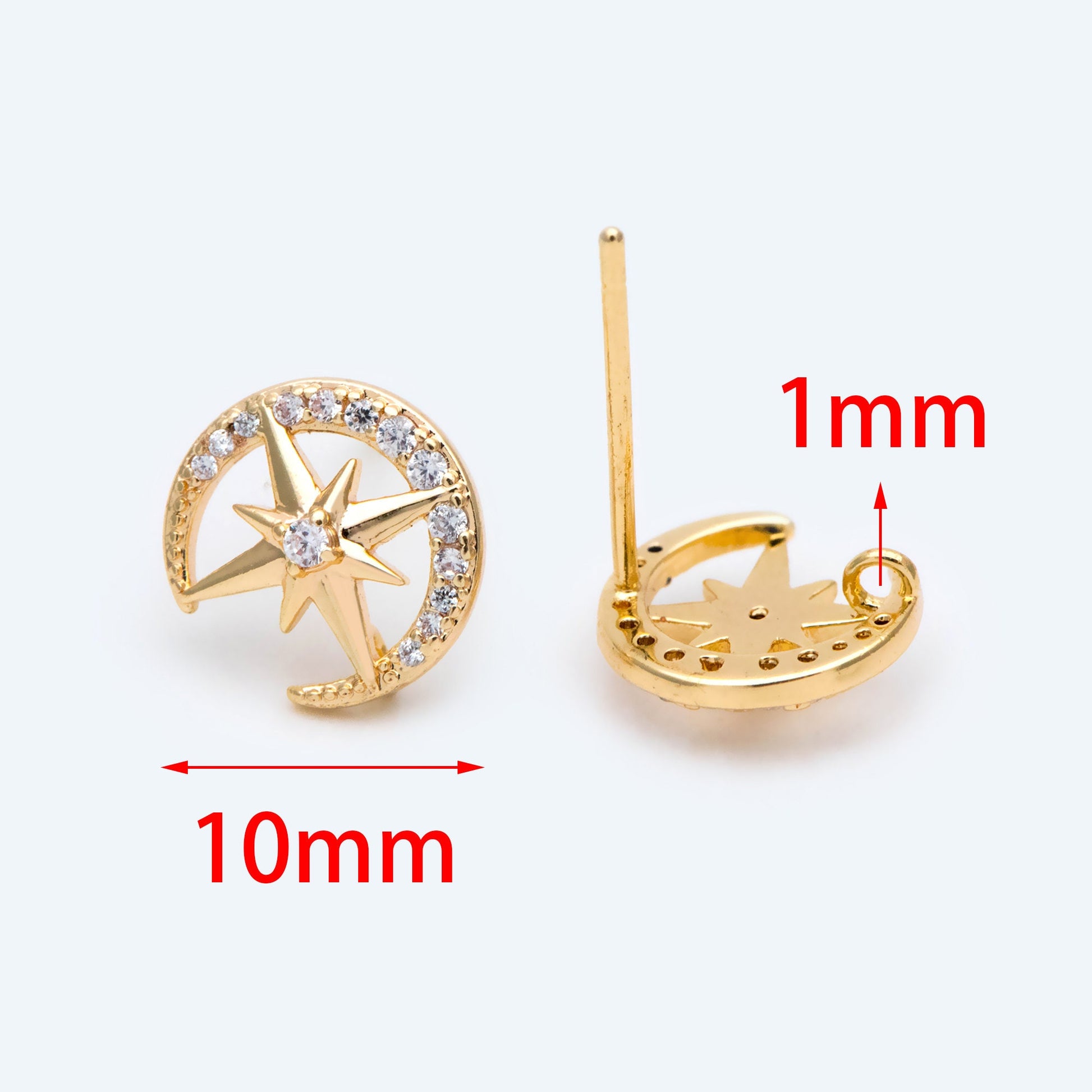 10pcs CZ Pave Moon and North Star Earring with Loop, 10mm, Real Gold Plated Brass Stud Earrings (#GB-1694)