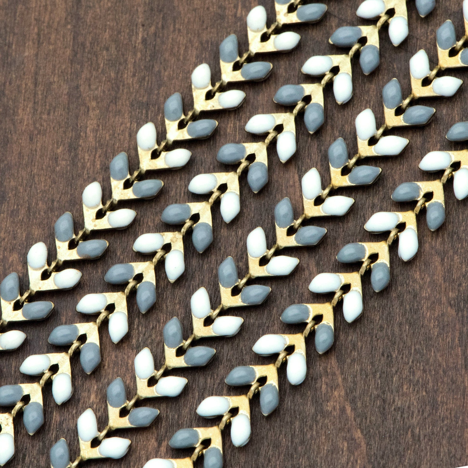 Enamel Brass Chevron Chain 6mm, Flat Herringbone Designer Chain, White Grey Mix Color (#LK-046-6)/ 1 Meter=3.3ft