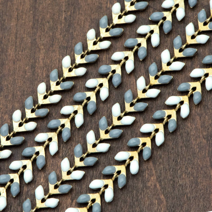 Enamel Brass Chevron Chain 6mm, Flat Herringbone Designer Chain, White Grey Mix Color (#LK-046-6)/ 1 Meter=3.3ft