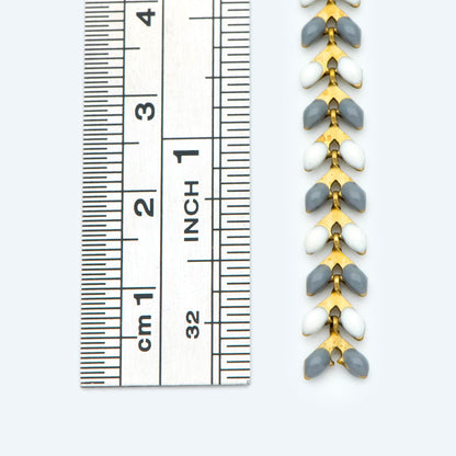 Enamel Brass Chevron Chain 6mm, Flat Herringbone Designer Chain, White Grey Mix Color (#LK-046-6)/ 1 Meter=3.3ft