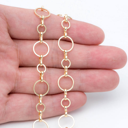 Gold Round Loop Chain 10mm, 18K Real Gold plated Brass, Circle Link Chains (#LK-436)/ 1 Meter=3.3ft