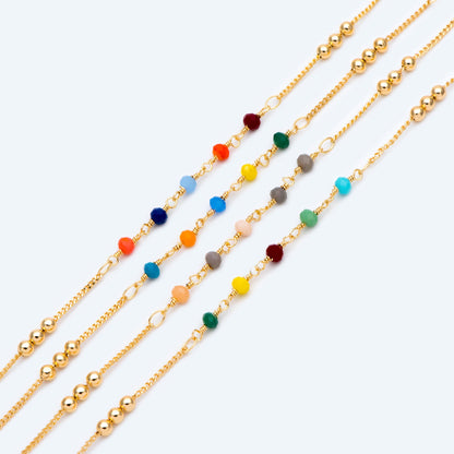 Glass Rondelle Bead Chain 3.5mm, 18K Gold plated on Brass Beaded Chains, Mix Color Rainbow Crystal Chain (#LK-442)/ 1 Meter=3.3ft