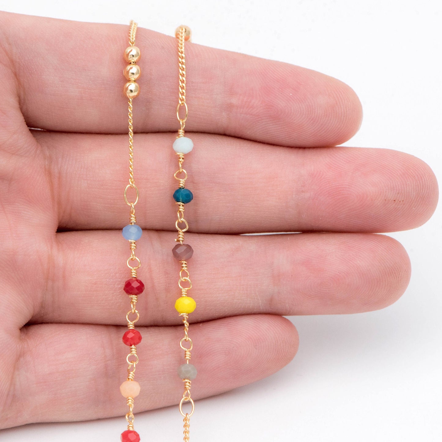 Glass Rondelle Bead Chain 3.5mm, 18K Gold plated on Brass Beaded Chains, Mix Color Rainbow Crystal Chain (#LK-442)/ 1 Meter=3.3ft