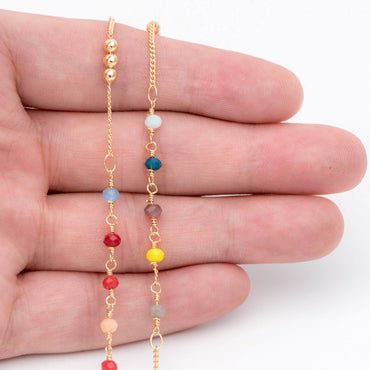 Glass Rondelle Bead Chain 3.5mm, 18K Gold plated on Brass Beaded Chains, Mix Color Rainbow Crystal Chain (#LK-442)/ 1 Meter=3.3ft
