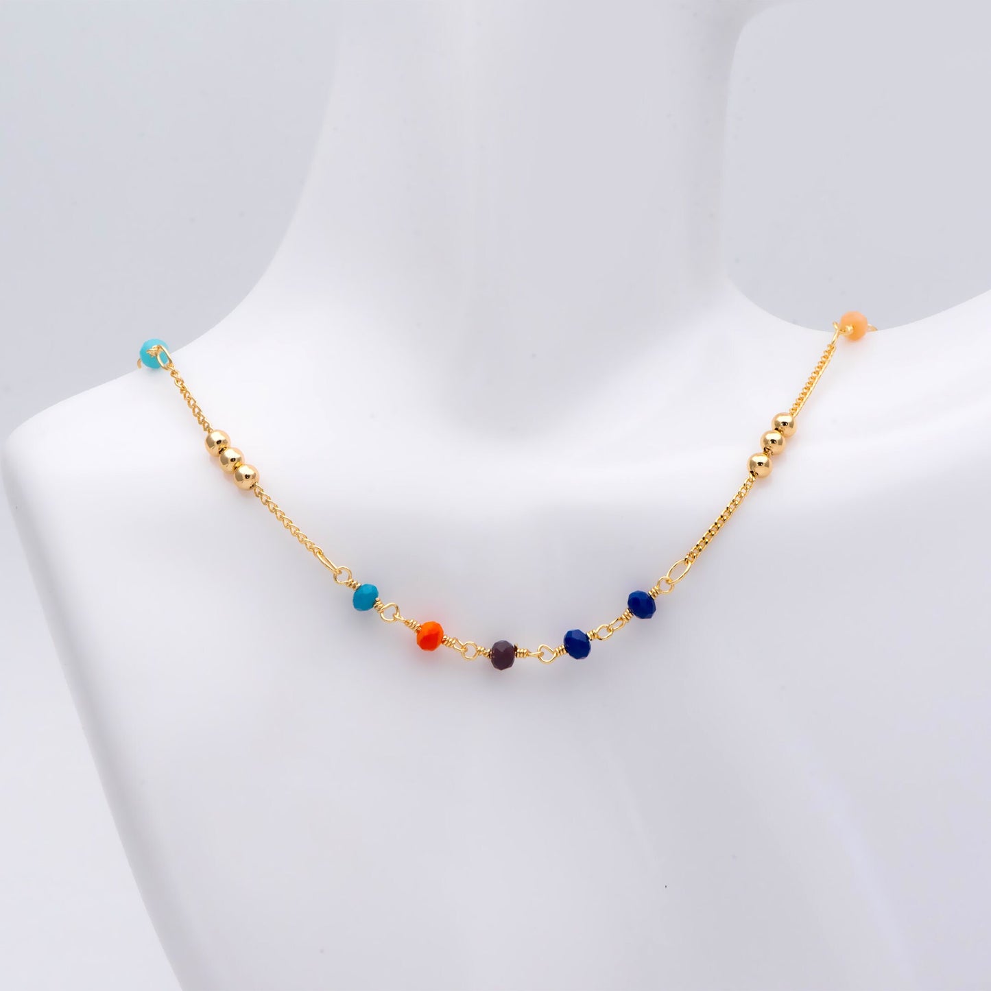 Glass Rondelle Bead Chain 3.5mm, 18K Gold plated on Brass Beaded Chains, Mix Color Rainbow Crystal Chain (#LK-442)/ 1 Meter=3.3ft