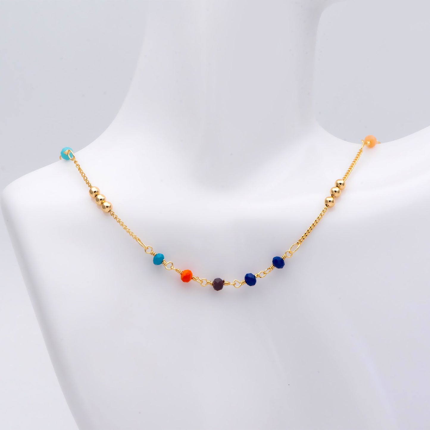 Glass Rondelle Bead Chain 3.5mm, 18K Gold plated on Brass Beaded Chains, Mix Color Rainbow Crystal Chain (#LK-442)/ 1 Meter=3.3ft