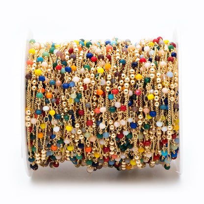 Glass Rondelle Bead Chain 3.5mm, 18K Gold plated on Brass Beaded Chains, Mix Color Rainbow Crystal Chain (#LK-442)/ 1 Meter=3.3ft