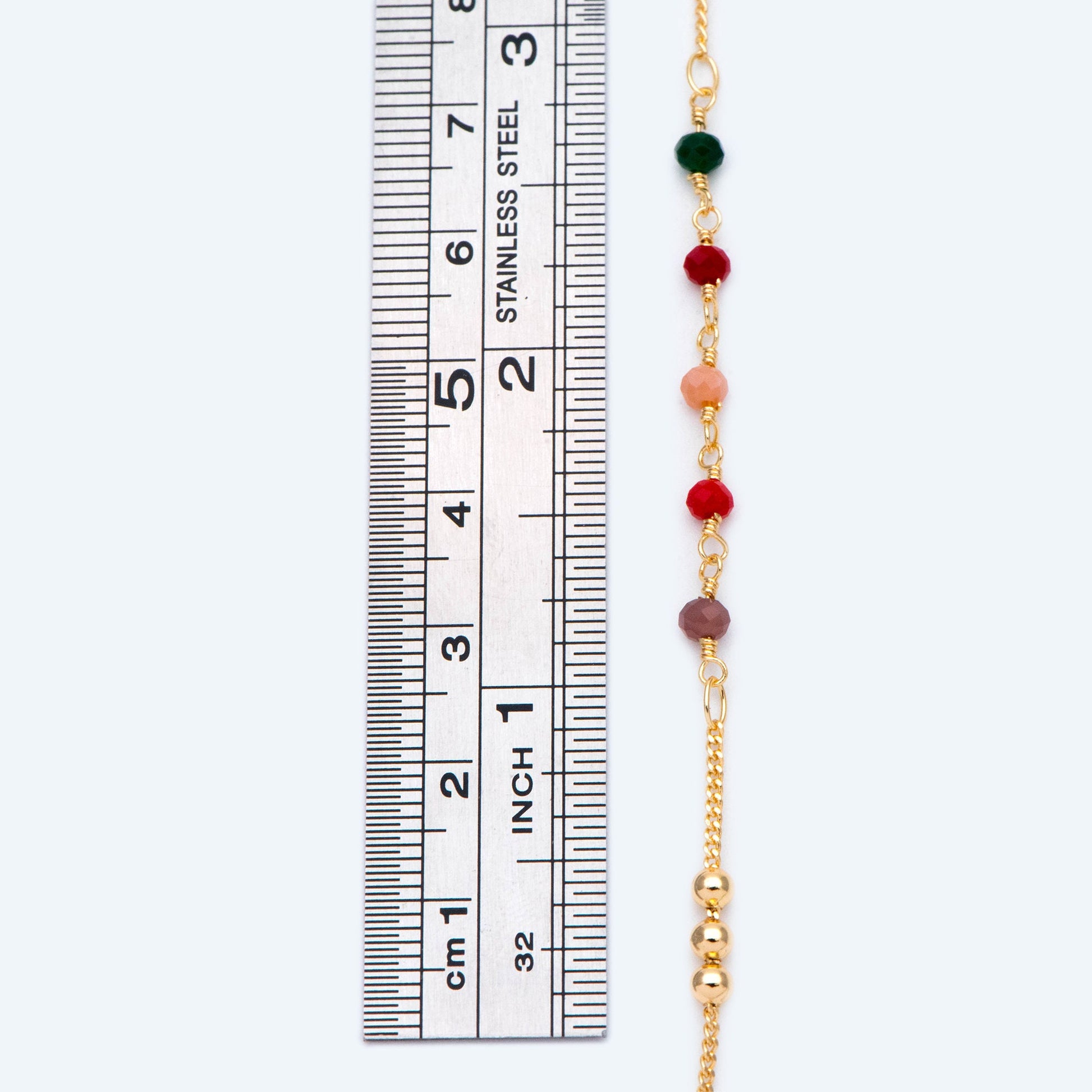 Glass Rondelle Bead Chain 3.5mm, 18K Gold plated on Brass Beaded Chains, Mix Color Rainbow Crystal Chain (#LK-442)/ 1 Meter=3.3ft