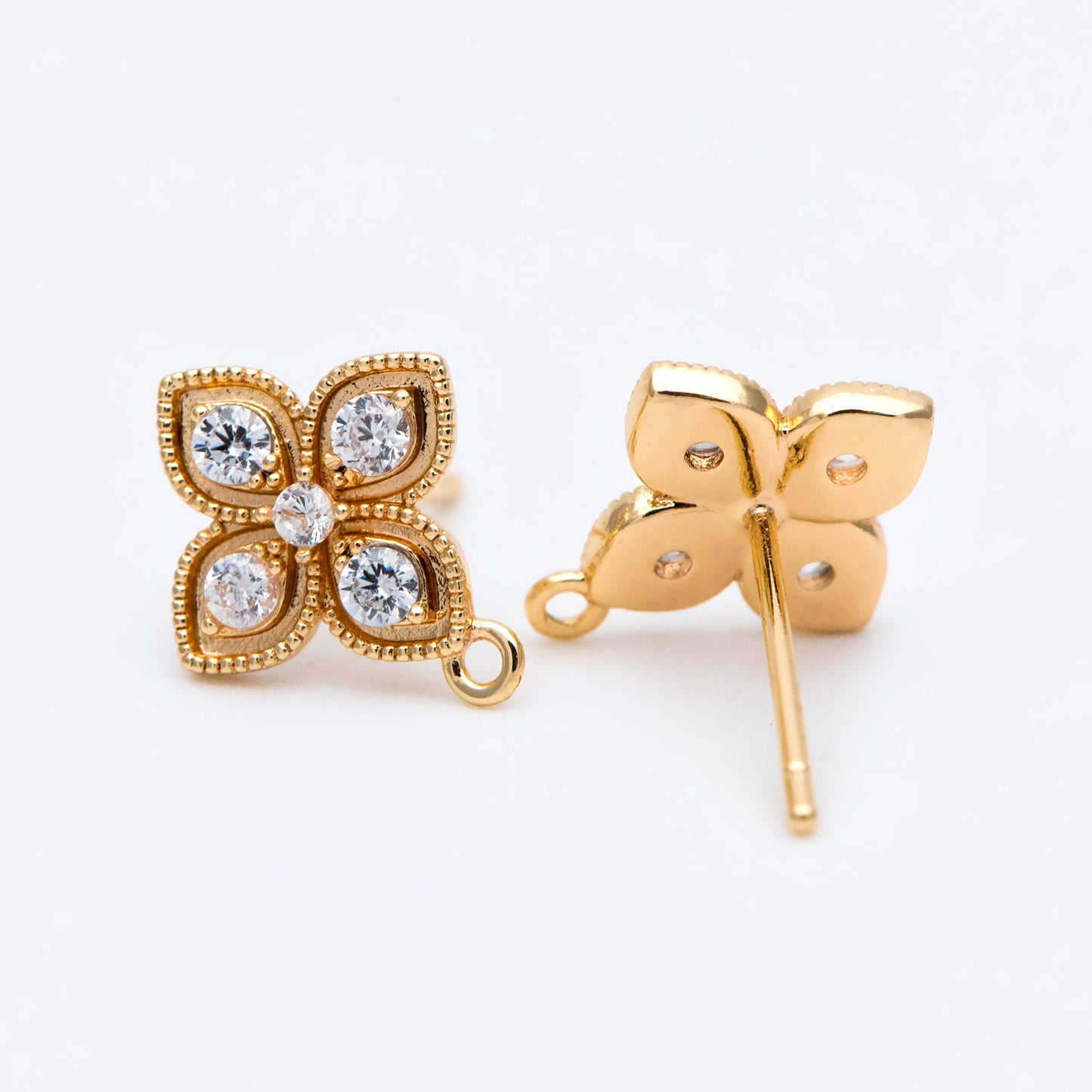 10pcs CZ Pave Gold Flower Earring with Loop, Gold Plated Brass Stud Earrings, DIY Ear Findings (GB-1700)
